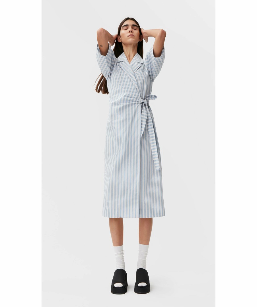 Kvinna Ganni Klanningar | Stripe Cotton Wrap Dress